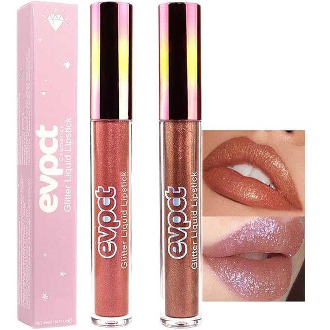 evpct 2Pcs Bronze Gold Nude Gold Matte to Glitter Liquid Lipstick Set for Women Long Lasting Glossy Metallic Shimmer Sparkle Lipstick Lip Gloss 5+14-Velvo Beauty