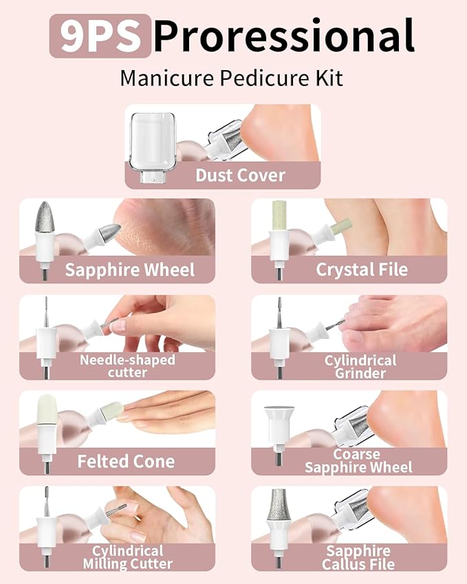 Manicure Pedicure Kit with Case, Professional Nail Grinder for Senior Thick Toenail, Cordless Electric Nail File, 5 Speeds Pedicure Tools for feet Callus Remover, Nail Drill for Women Hand Feet Care-Velvo Beauty