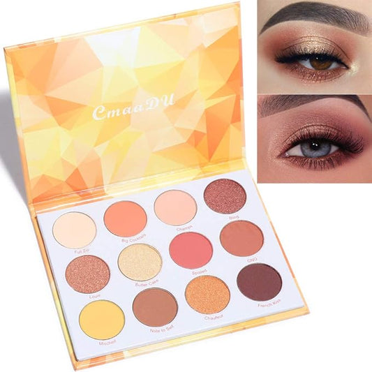 Glitter Matte Orange Yellow Eyeshadow Palette, 12 Colors Shimmer High Pigmented Eyeshadow Makeup Palette Lasting Waterproof Brown Eyeshadow Palette for Girl Women-Velvo Beauty