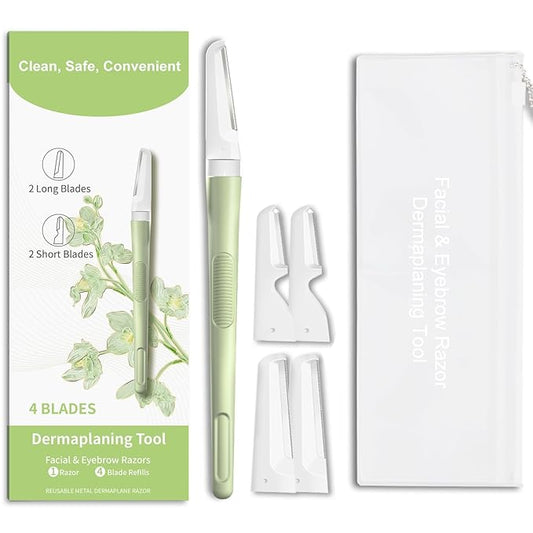 Face Razors for Women, Dermaplane Razor for Women Face, Eyebrow Razor, Facial Razors, Dermaplaning Tool, Reusable Metal Handle with 4 Microblades for Sensitive Skin, Peach Fuzz Remover, Green-Velvo Beauty