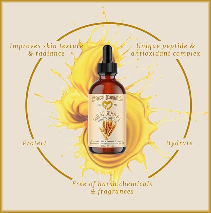 Natural Born Oils Wheat Germ Oil. 4oz. 100% Pure, Natural, Organic, Cold-pressed, Unrefined, Rejuvenating, Rich in Vitamin E. Moisturizer for Skin Hair-Velvo Beauty