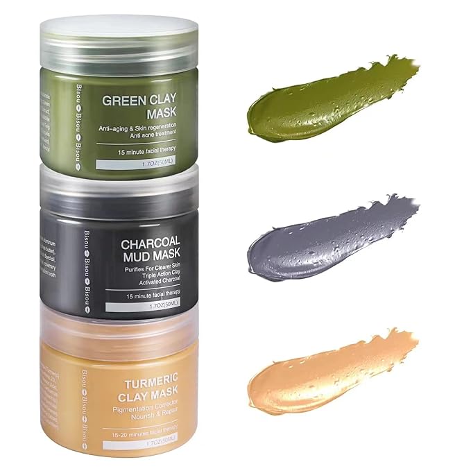 Turmeric Clay, Dead Sea Mud & Charcoal Gel Face Mask Trio With Applicator, Deep cleansing Clay and Mask Applicator, Facial Therapy PH Balanced Hypo-allergenic (3 Sets Mud Mask)-Velvo Beauty