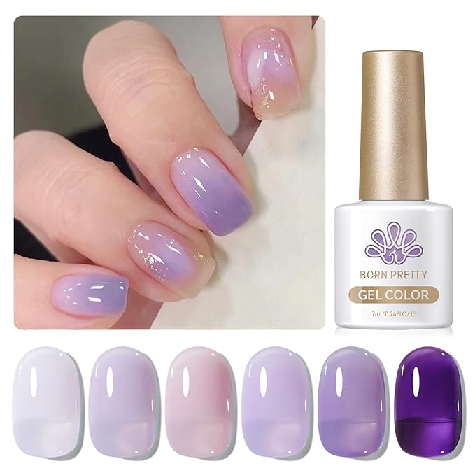BORN PRETTY Jelly Purple Gel Nail Polish 6 Colors Purple Violets Colors Gel Polish Kit Soak Off Gel Nail Kit Collection Nail Art Gel Manicure Kit DIY at Home Salon Gifts-Velvo Beauty
