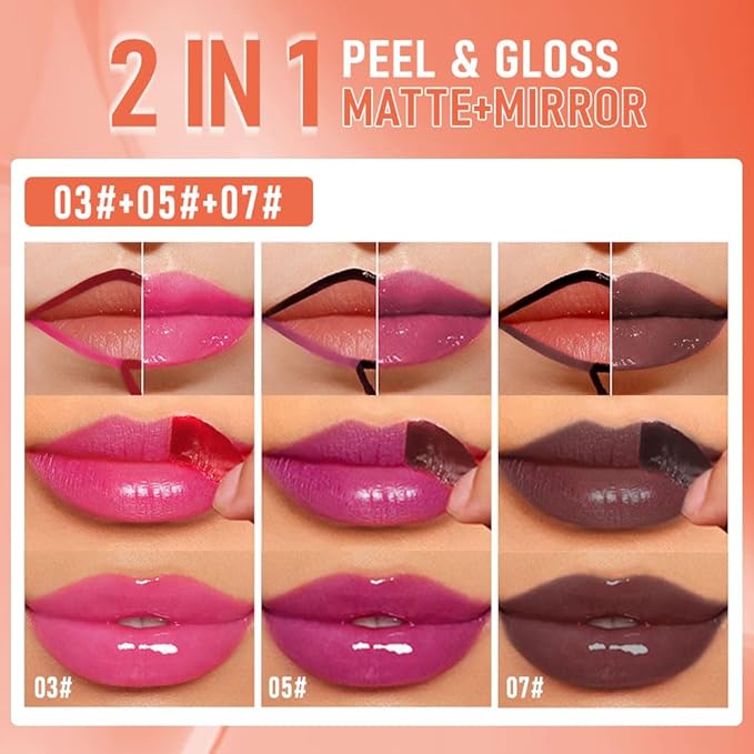 3Pcs Peel Off Lip Gloss Tattoo and Lip Oil, Lip Stain Peel Off Masque - Peel Off Lip Tint ,Long Lasting Waterproof Transfer-proof Lip Mask Lip Gloss Peel Off Lip Liner,Stay Lip Makeup 03#+05#+07#-Velvo Beauty