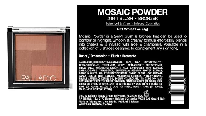 Palladio 2 In 1 Mosaic Powder Blush and Bronzer Silky Smooth Face Makeup Pressed Five Color Hues from Shimmering Pinks to Golden Browns Rich Pigmented Shades Flawless Finish, Spice, 0.28 Oz-Velvo Beauty