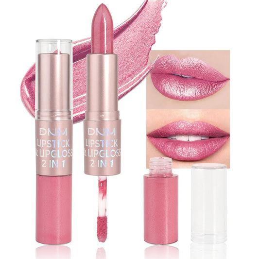 evpct 2 in 1 Rose Pink Glitter Metallic Shimmer Diamond Lipstick and Lip Gloss Set for Women Long Lasting Waterproof, Baby Nude Pink Sparkle Glitter Shiny Lipstick and Lip Liner Makeup Set, 06#-Velvo Beauty