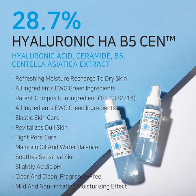 APLB Hyaluronic Acid Ceramide HA B5 Mist Essence | HYALURONIC HA B5 CEN™ 28.7% 3.55 FL.OZ/Korean Skincare, Replenishing moisture, Revitalize for gentle and improve skin texture through Hyaluronic-Velvo Beauty
