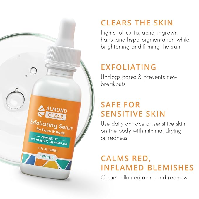 Face & Body Clearing Serum, Level 1- for acne, folliculitis, aging skin, ingrown hairs, dark spots - face, chest, butt, back, thighs, arms - mandelic acid - 1 fl oz-Velvo Beauty