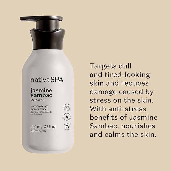 Nativa SPA by O Boticario Jasmin Sambac Anti-Stress Body Lotion, Fragranced Moisturizer Enriched with Purified Quinoa Drops to Boost Hydration, 13.5 Ounce (400ml)-Velvo Beauty