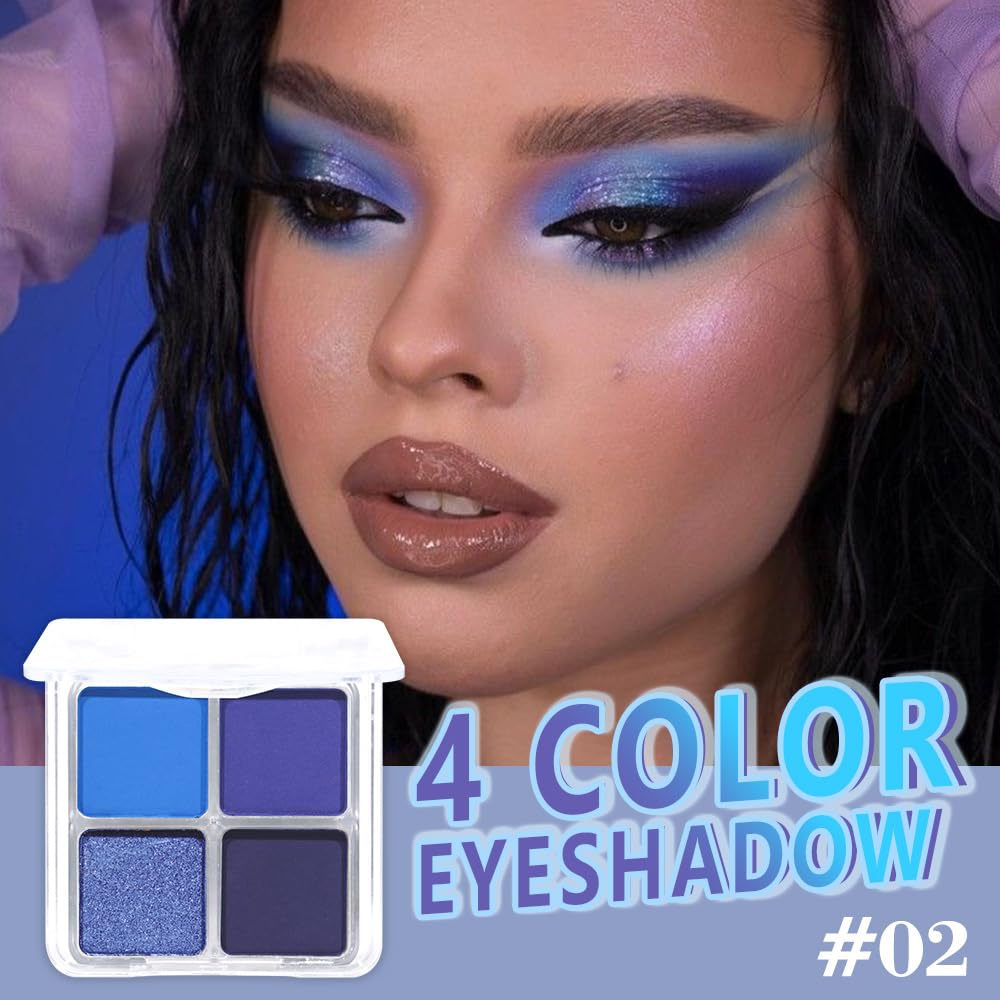 Navy Blue 4Colors Eyeshadow Makeup Palette,Royal Blue Natural Neutral Powde Eye Shadow Palettes for Older Women,Long Lasting Naturing-Looking,Lightweight,Waterproof,Eye Makeup Kit Travel Size,Vegan-Velvo Beauty