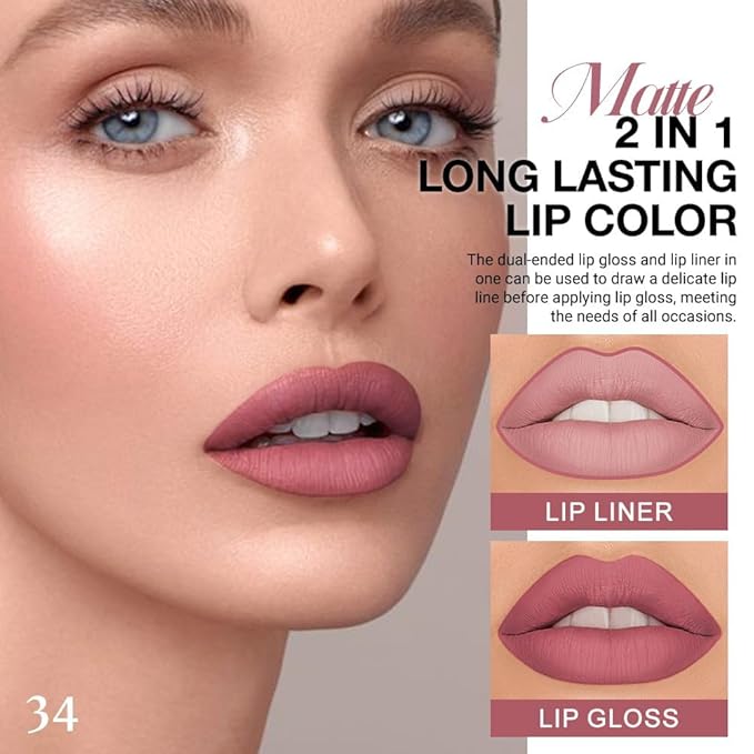 evpct 1Pcs Mauve Matte Lip Liner Stain Liquid Lipstick Makeup Set for Women, Mauve Lip Stick Liner Combo Long Lasting Waterproof, labiales matte mate larga duracion Long Wear 24 hours Lipstick, 34-Velvo Beauty
