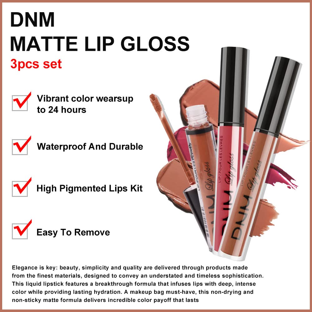 evpct 3Pcs Nude Brown Rose Pink Dark Matte Liquid Lipstick Makeup Sets for Dark Skin Black Women, Permanent Lip Stain Set Long Lasting Lipstick 24 Hours Waterproof labiales mate 24 horas originales 09-Velvo Beauty