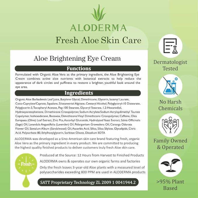 Aloderma Brightening Eye Cream with Organic Aloe Vera - Hydrating Daily Eye Cream for Dark Circles & Puffiness with Caffeine & Sage Oil - Day & Night Eye Cream for Puffy Eyes & Fine Lines, 25g/0.9oz-Velvo Beauty