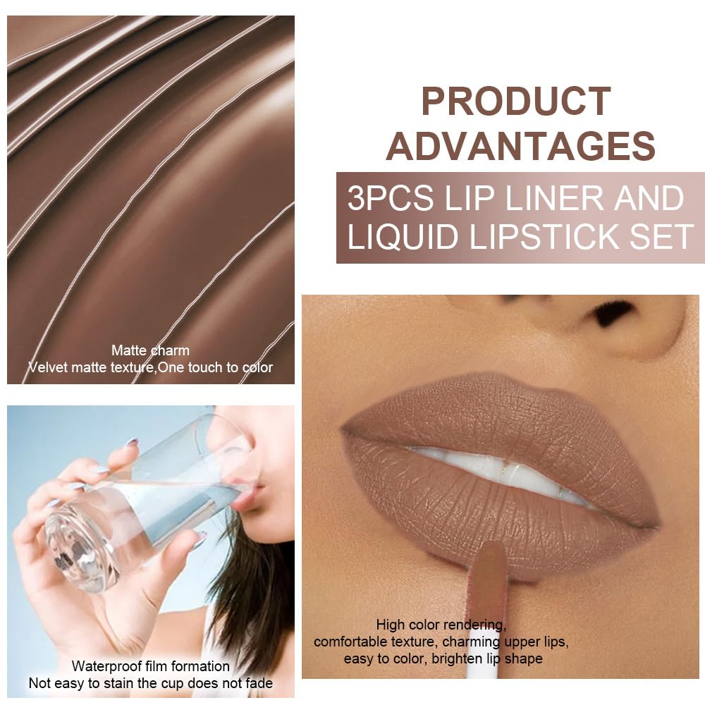 evpct 3Pcs Pale Neutral True Nude Matte Lip Liner & Liquid Lipstick Stain Makeup Set for Women, Lip Liner Stain Long Lasting Waterproof Smudge Proof, Cruelty Free Lip Makeup 24 hours originales labios-Velvo Beauty