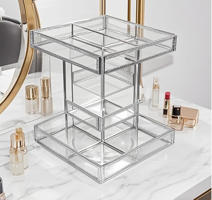 Hersoo 360 Degree Rotation Cosmetic Organizer -Premium Makeup Storage with Spin Base,Antique Countertop Cosmetic Storage,Large Capacity,Beauty Display for Countertop,Vanity or Bathroom (silver)-Velvo Beauty