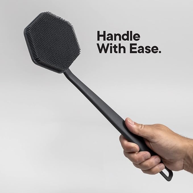 TOOLETRIES Silicone Back Scrubber - Exfoliating Shower Brush, Back Washer for Men, Durable Back Brush with Long Handle - Long Lasting Bath & Shower Accessories - Charcoal-Velvo Beauty