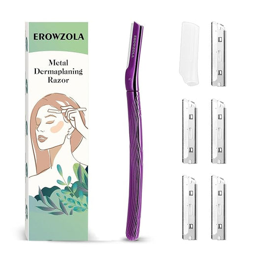 Dermaplane Razor for Women and Men, Eyebrow Razor with Precision Cover, Peach Fuzz Dermaplaning Tool, Exfoliating Facial Razor Reusable Metal Handle with 6 Blades - Purple-Velvo Beauty