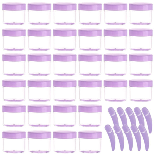 Refillable Cosmetic Sample Jars - 100 Pack 20g (0.7oz) Purple Small Travel Containers with Lids + 10 Mini Makeup Spatulas - BPA Free-Velvo Beauty