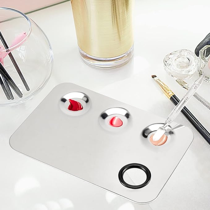 6 Pack 6 x 4 Inch Stainless Steel Cosmetic Palette with Spatula, 3-well Mixing Makeup Palette Nail-art Mixer Metal Tray for Foundation, Pigment, Nail Polish Blending, Silver-Velvo Beauty