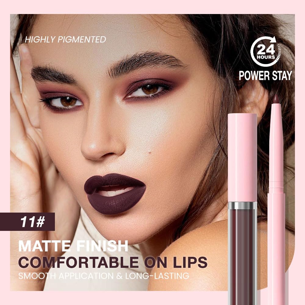 evpct Retractable 1Pcs Lip Liner Pencils and 1 Pcs Lip Gloss Makeup Set for Shaping & Sculpting Lips, Plum Long-Lasting Waterproof Longwear Matte Rich Lip Colors Liner Crayon Liquid Lipstick 11#-Velvo Beauty