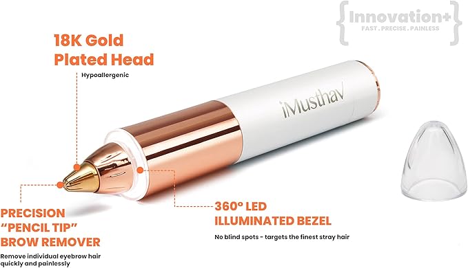 Portable Flawless Eyebrow Hair Remover for Women – Painless, Fast & Precise Flawless Electric Razor & Epilator for Eyebrow, Nose, Ear Hair Removal – 18K Gold-Plated, 360° LED Light-Velvo Beauty