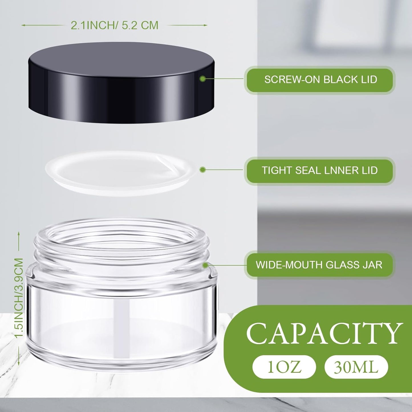 Domensi 100 Pcs 1 oz Glass Jars with Lids Bulk Round Glass Cosmetic Jars Lids 1 oz Small Travel Containers with Inner Liner for Lotions Powders Ointments Sample Cream(Clear, Black)-Velvo Beauty