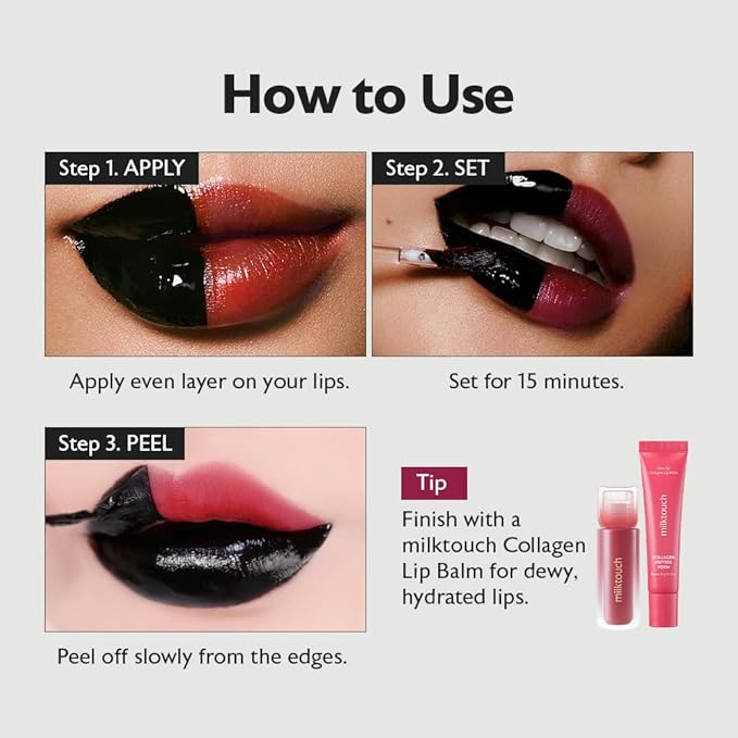 MILKTOUCH Black Peel Off Lip Tattoo - Long-Lasting Matte Lip, Waterproof & Transfer-Proof, Highly Pigmented, Stay-On-All-Day Lip Tint Stain (4.5g) #03 Black Apple-Velvo Beauty
