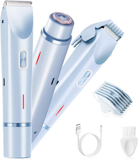 Electric Bikini Trimmer for Women, 2-in-1 Waterproof Painless Hair Removal, Face Body Private Area Shaver, Blue-Velvo Beauty