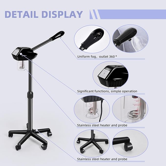 Facial Steamer, Face Steamer on on Wheels with More Steam, Adjustable Height for Face Steamer Suitable for Personal Home and Professional Personal Care Places,Moisturizing and Hydrating.-Velvo Beauty