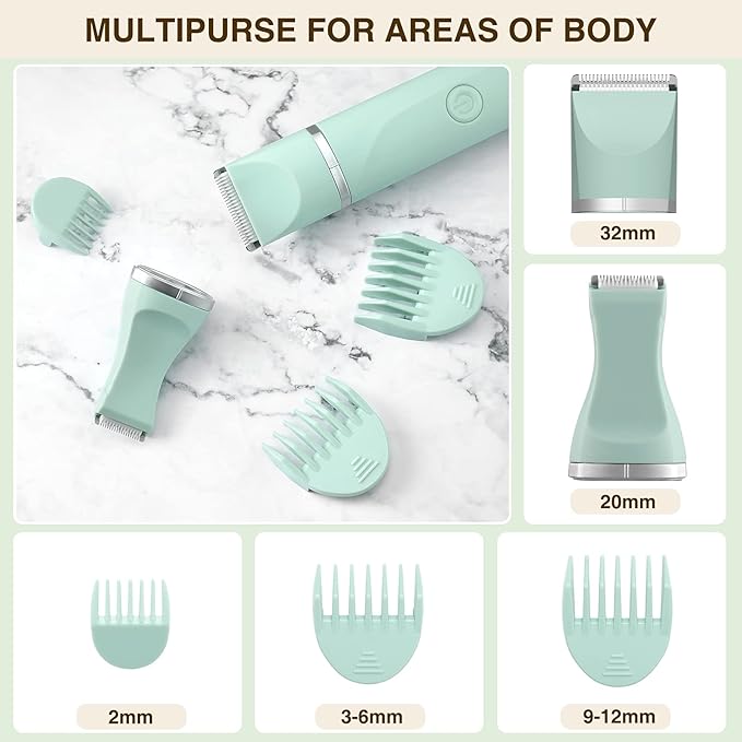 Waterproof Bikini Trimmer Women Electric Razor for Pubic Hair Women's Foil Shaver Rechargeable Shaver Removal with Snap-in Ceramic Blades IP7X Washable Head,Wet and Dry Use,Green-Velvo Beauty