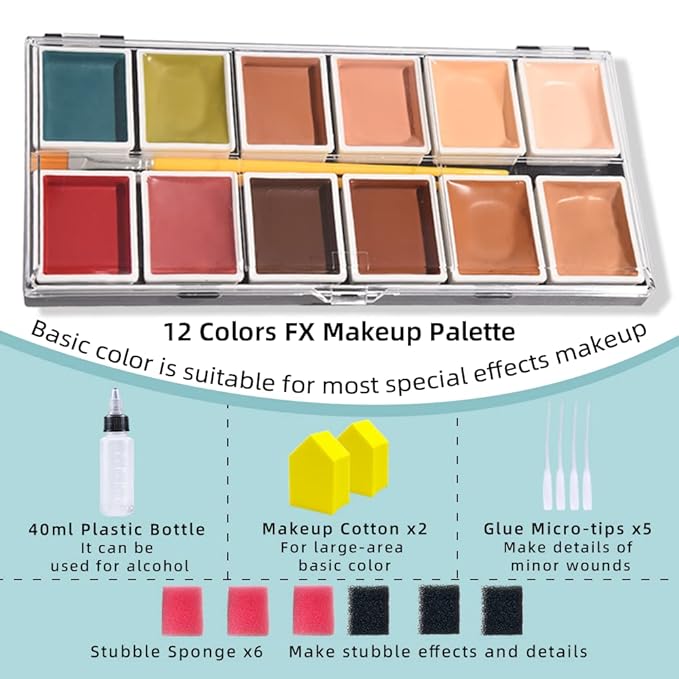Alcohol Activated Makeup Palette for FX Makeup with Makeup Egg Mimic Wound Sponge Cleaning accessories 12 Colors-Velvo Beauty