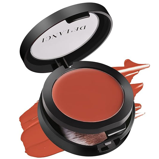 DE'LANCI 2 In 1 Cream Blush for Cheeks & Lips & Eyeshadow in a Waterproof Smooth Moisturizing Creamy Formula, Buildable Lightweight Red Blush Balm with Built-in Brush and Mirror, Easy to Use, Rust-Velvo Beauty