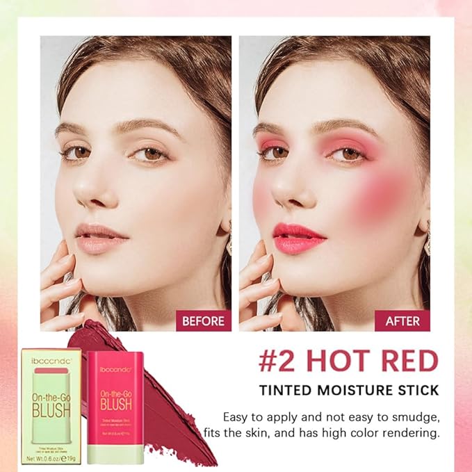 Multi-Use Makeup Blush Stick, 3-in-1 Cream Blush Stick Beauty Tinted Solid Blush Stick for Cheek/Eyes/Lips, Waterproof Moisturizer Stick, Suitable for All Skin (02# Hot Red)-Velvo Beauty