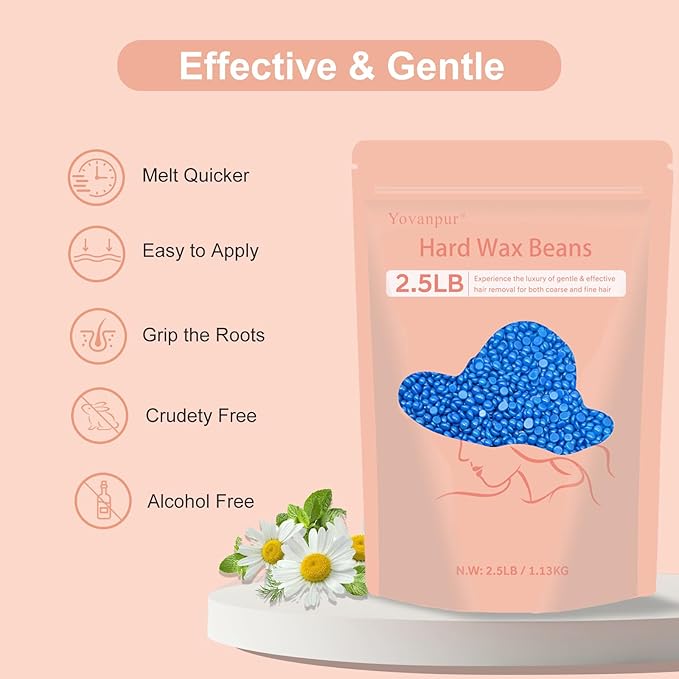 2.5lb Wax Beads for Hair Removal, Hard Wax Beans for Sensitive Skin, Bulk Hair Removal Waxing Beads for Brazilian, Bikini, Face, Eyebrows, Underarms, Legs, Women and Men (Blue)-Velvo Beauty
