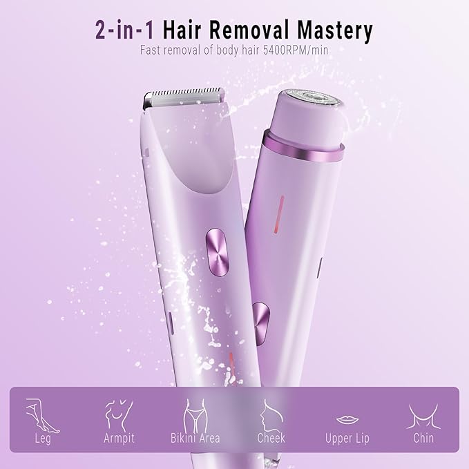 2-in-1 Bikini Trimmer and Shaver Kit for Women, Electric Body Hair Trimmer Facial Hair Removal Cordless Bikini Shaver Razor for Face Lip Chin Pubic Underarm Legs, Purple-Velvo Beauty