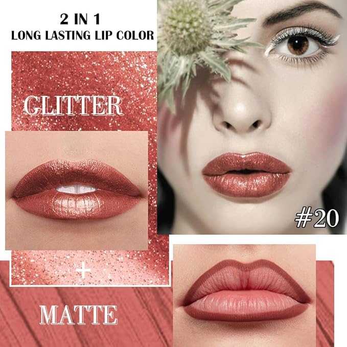 evpct Copper Metallic Glitter Lip Liner and Lipstick Combo Lip Gloss Stain Set Makeup for Women Long Lasting Waterproof 24, Bronze Gold Mocha Metallic Shimmer Frosted Iridescent Glossy Liquid Lipstick-Velvo Beauty