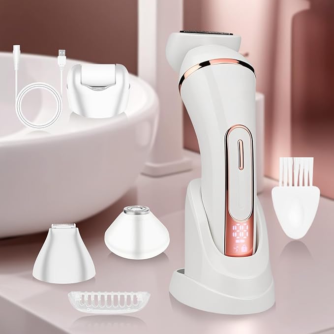 Electric Shavers for Women, 4 in 1 Hair Removal Kit with Epilator Bikini Trimmer Face Razor Body Brush Face Massager Foot Callus Remover, IPX7 Waterproof Lady Razors Set for Legs Armpit Bikini Pubic-Velvo Beauty