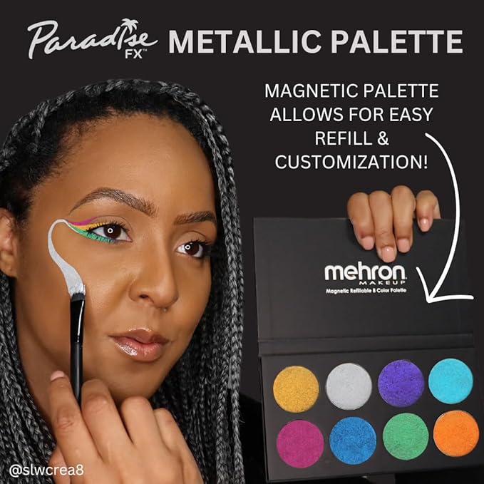 Mehron Makeup Paradise Makeup AQ 8 Color Metallic Palette | Magnetic Refillable Body Paint & Face Paint Palette | Professional Water Activated Makeup for Costumes, SFX, Halloween, & Cosplay-Velvo Beauty