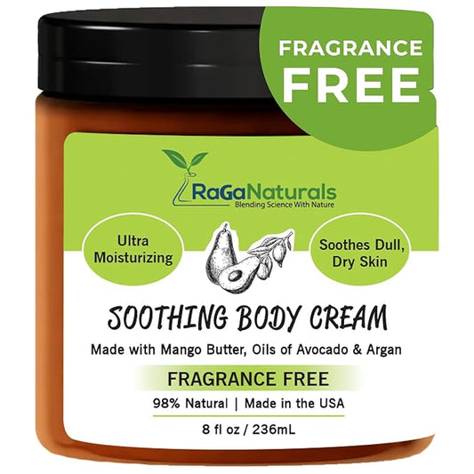 RaGaNaturals Natural Moisturizing Cream - Body & Face Moisturizer for Dry to Very Dry, Sensitive Skin - Unscented Body Cream with Vitamin E & Avocado, Argan Oil - Non-Comedogenic, Fragrance Free -8 Oz-Velvo Beauty