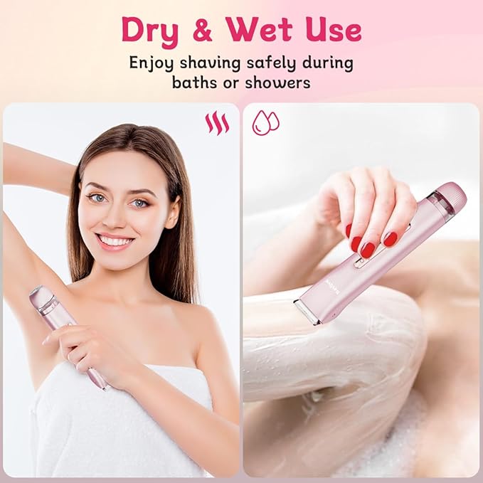 Bikini Trimmer for Women, 2-in-1 Electric Lady Shaver for Bikini Line & Sensitive Areas – IPX7 Waterproof Wet & Dry Razor for Underarms, Legs, Arms, Body & Face, USB-C Rechargeable, Pink-Velvo Beauty