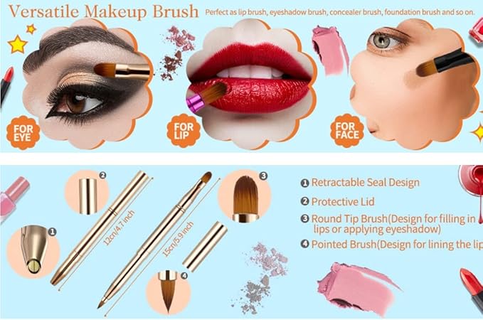 Retractable Eyebrow Eyelash Lip Brush Makeup Brush Double-Sided Soft With Cap Concealer Eyeliner For Travel Cosmetic Brushes, gold color-Velvo Beauty