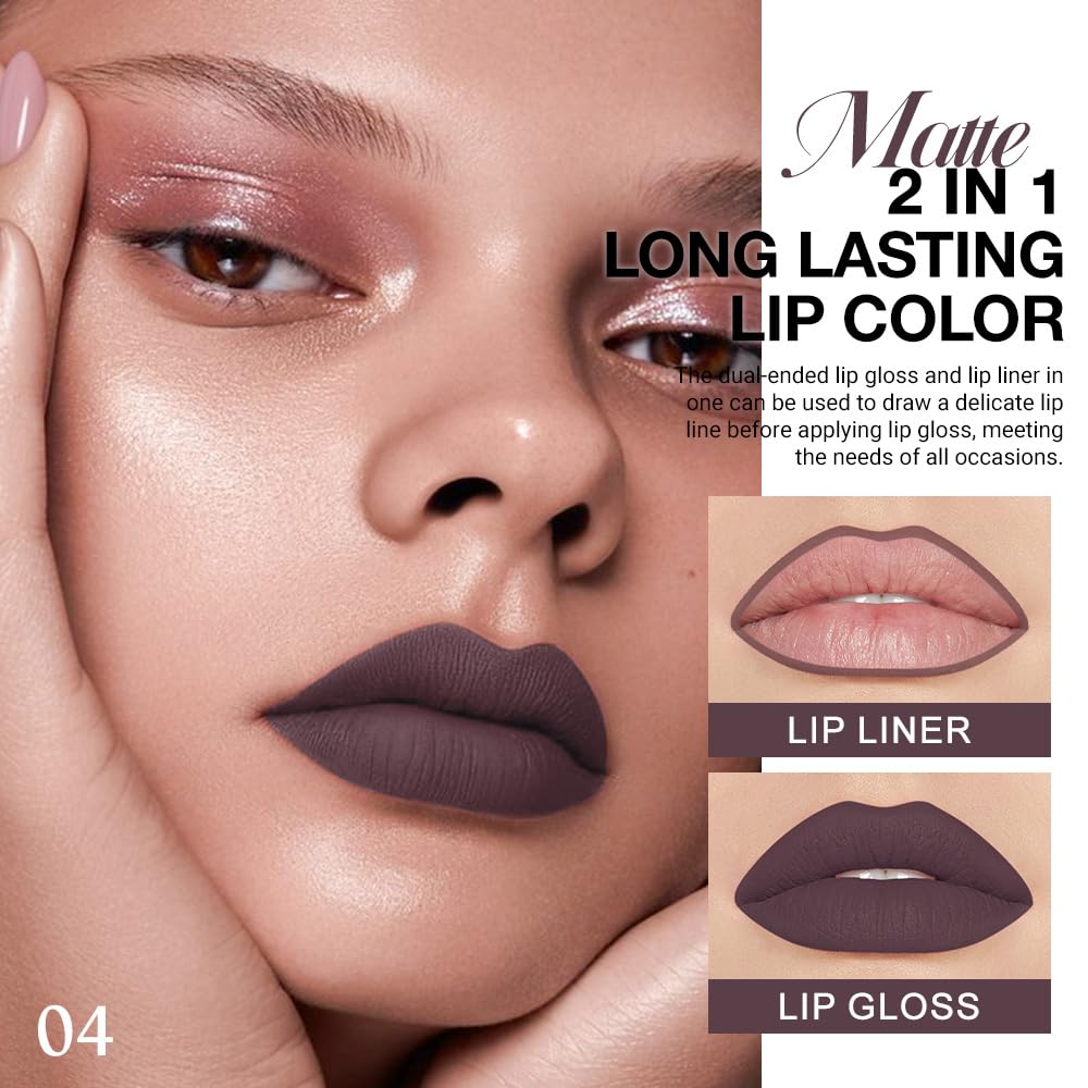 Kaely 2-in-1 Matte Lipstick and Lip Liner, Liquid Lip Stain Makeup for women Long Lasting Waterproof Smudge Proof, labiales matte mate larga duracion listip 24 hours originales, 04 Deep Brown-Velvo Beauty