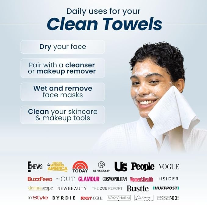 Clean Skin Club Clean Towels XL, 100% USDA Biobased Dermatologist Approved Face Towel, Disposable Clinically Tested Face Towelette, Facial Washcloth, Makeup Remover Dry Wipes, 100 ct, 2 pack-Velvo Beauty