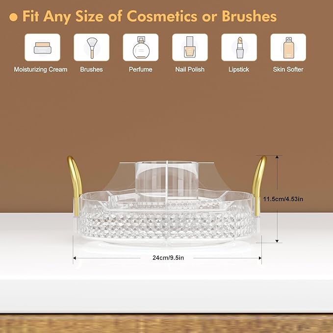 Awenia Rotating Makeup Organizer 360, Stackable Adjustable Large Capacity Cosmetic Storage Unit,Dresser Bathroom Kitchen Countertop Organizer with Metal Handle, Plus Size (Clear, 1 Tier)-Velvo Beauty