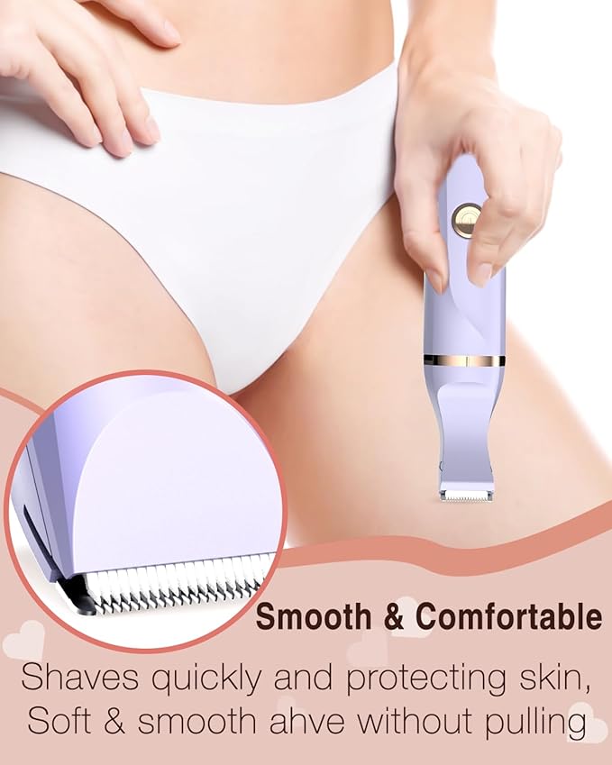 Bikini Trimmer for Women,Painless Electric Razor for Pubic Hair,Rechargeable Body Hair Trimmer,Electric Shaver Removal with Snap-in Ceramic Blades IP7X Washable Head,Wet and Dry Use, Light Purple-Velvo Beauty
