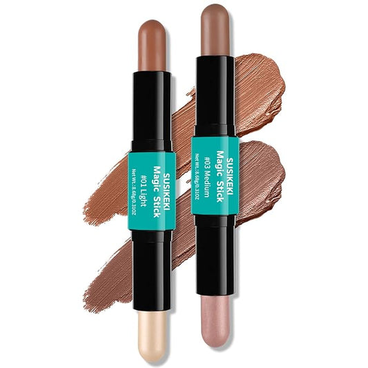Contour Stick, 2Pcs Dual-Ended Highlighter Makeup Pen & Contouring Stick for Face Shaping, Long Lasting Waterproof Cream Bronzer & Highlight Sticks Make Up Kit for All Skin Tones(01# + 03#)-Velvo Beauty