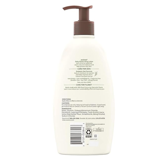 Aveeno Daily Moisturizing Body Lotion for Dry Skin with Prebiotic Oat, Fragrance & Paraben Free, Non-Greasy, Non-Comedogenic, for Sensitive Skin & 72-Hour Moisturizer 18 Fl Oz-Velvo Beauty