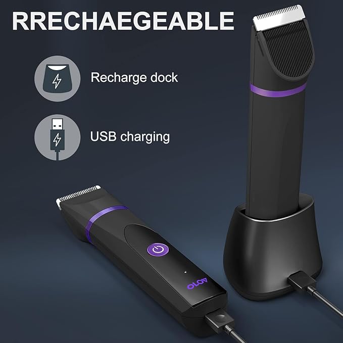 OLOV Electric Body Hair Trimmer - Groin Trimmer for Men - Bikini Trimmer Women - Wet/Dry Shaver Groomer, Replaceable Ceramic Blade Heads, USB Recharge Dock, Waterproof Hygiene Razor, Black Violet-Velvo Beauty