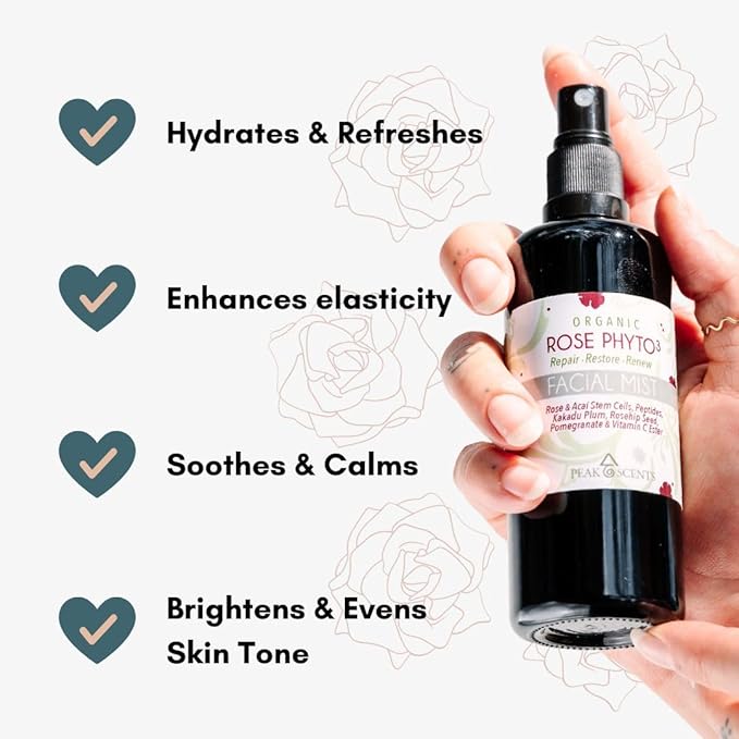 Organic & Vegan Rose Phyto³ Water Facial Spray - Moisturizing Face Mist & Setting Spray, Soothing, Hydrating Mist Rose Water For Face - Great for Facial Massaging (4 oz)-Velvo Beauty
