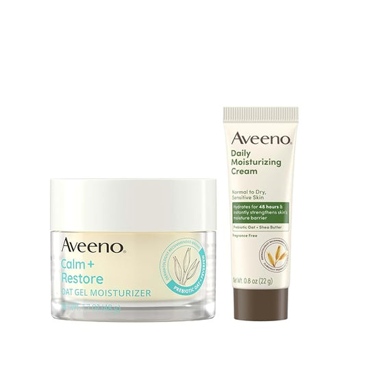 Aveeno Sensitive Skin Moisturizer Bundle, Calm + Restore Oat Gel Facial Moisturizer, 1.7 oz, & Trial Size Daily Moisturizing Cream + Prebiotic Oat, 0.5 oz, Fragrance-Free, Two Items-Velvo Beauty